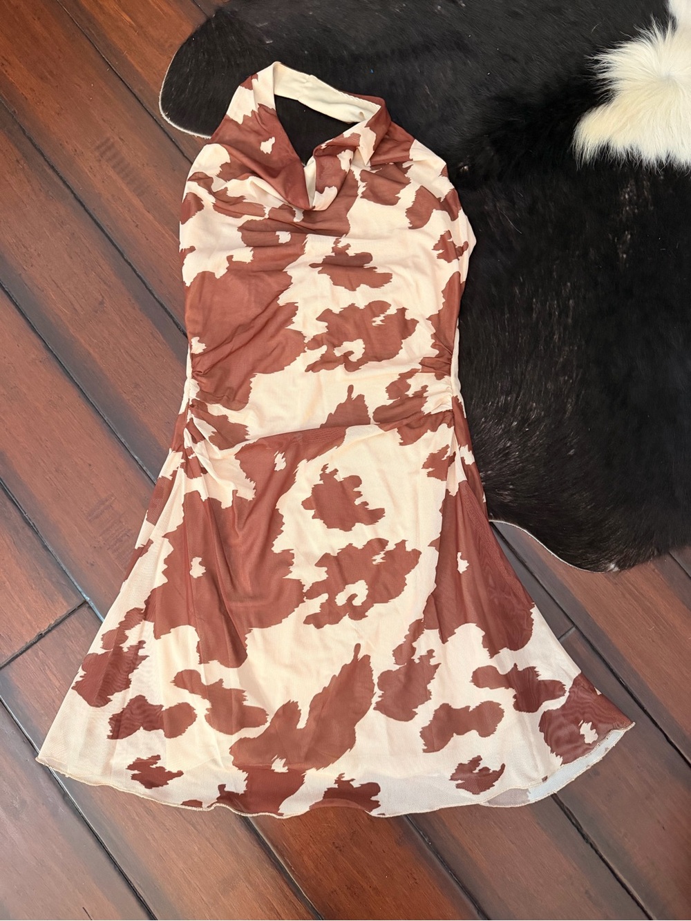 Cow-Print Halter Mini Dress in Brown and Cream